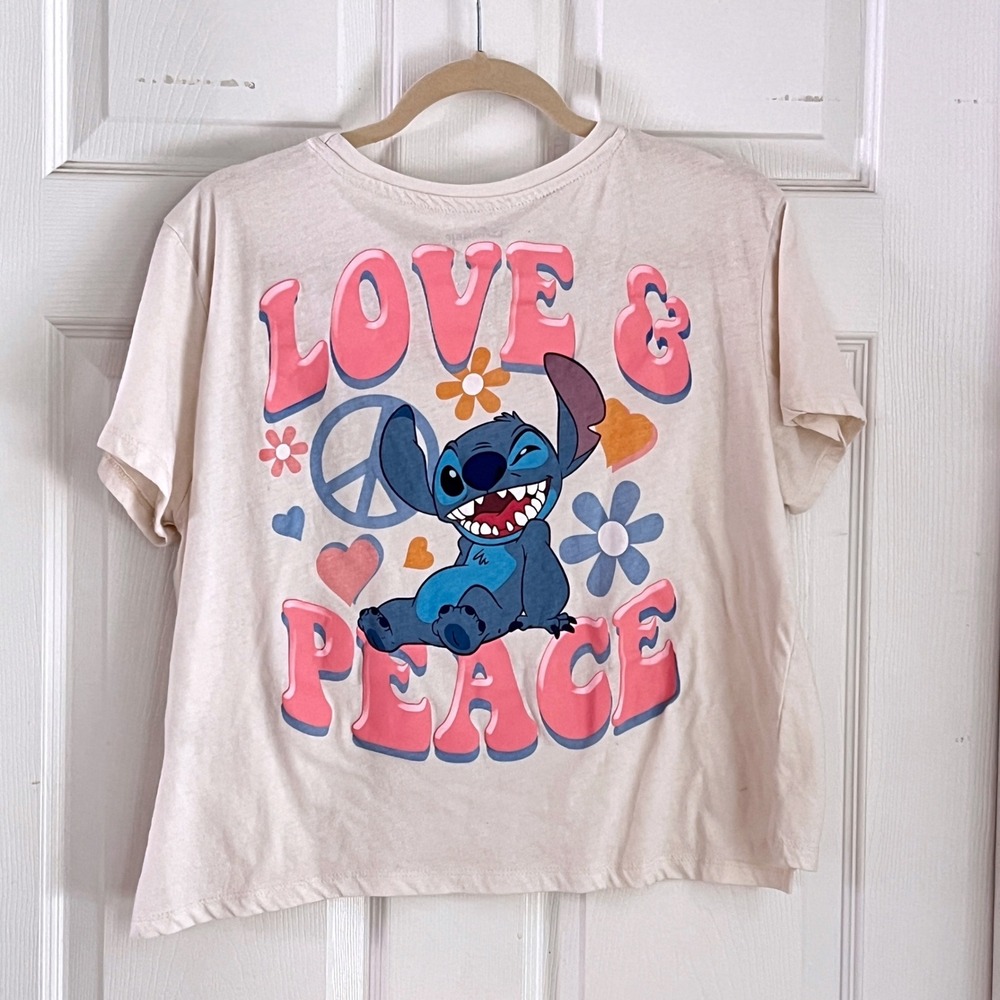 Disney Stitch Graphic Tee 3XL Womens Love Peace Pocket Crop Ivory - ck measure!